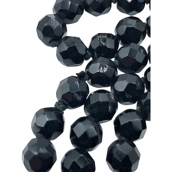 Vintage Black Glass Beaded Necklace Faceted Beads Single Continuous Strand Costu - Picture 6 of 8